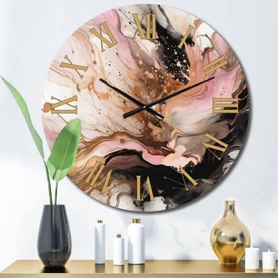 Design Art Pink Black Chromatic Agate Ii Metal Wall Clock In Black;pink;gold