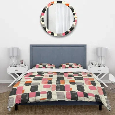 Design Art Pink Black Midcentury Shapes - Midcentury Duvet Cover Set In Black;pink