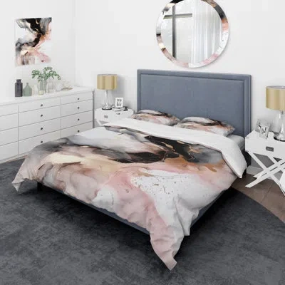 Design Art Pink Black Textured Splash Marble I - Abstract Marble Duvet Cover Set - Microfiber Polyester In Black;pink