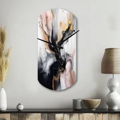 Design Art Pink Black Textured Splash Marble Ii - Marble Cylinder Metal Wall Clocks, Pink Asymmetrical Wall Clo In Black;pink