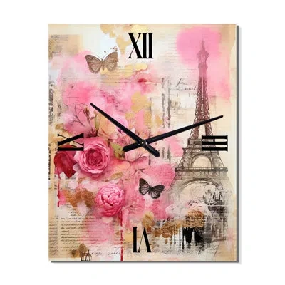 Design Art Pink Blossoming Spring In Paris Vintage Collage I - City Paris Vintage Wall Clock In Brown;red;pink