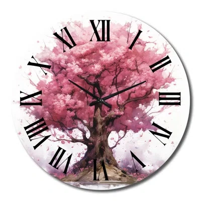 Design Art Pink Blossoming Tree Watercolor Bliss Metal Wall Clock In Brown;pink