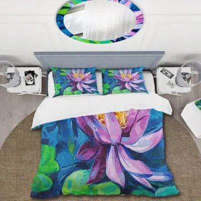 Design Art Pink Blossoming Water Lily - Traditional Duvet Cover Set - Microfiber Polyester In Purple,pink