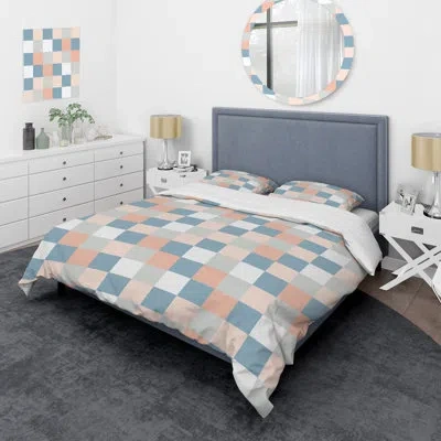 Design Art Pink Blue Abstract Misty Grid I - Abstract Duvet Cover Set In Blue;pink