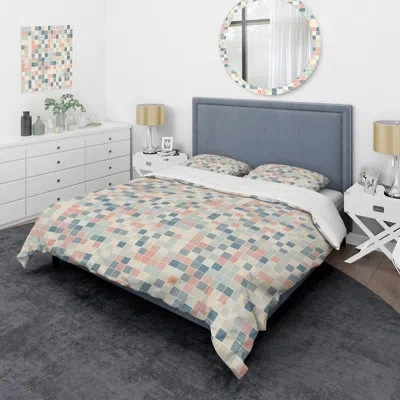 Design Art Pink Blue Abstract Misty Grid Ii - Abstract Duvet Cover Set In Blue;pink