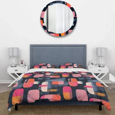 Design Art Pink Blue Midcentury Geometric Shapes - Midcentury Colors Soft Line Duvet Cover Set In Blue;pink