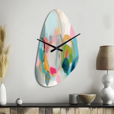 Design Art Pink Blue Minimalism Fluidity V - Minimalism Asymmetrical Metal Wall Clock, Pink Irregular Shape Clo