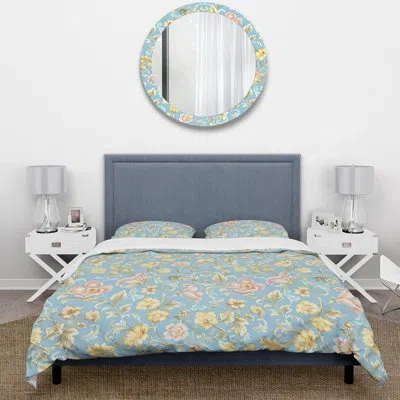 Design Art Pink Blue Vintage Flower Paradise I - Vintage Duvet Cover Set In Blue;pink