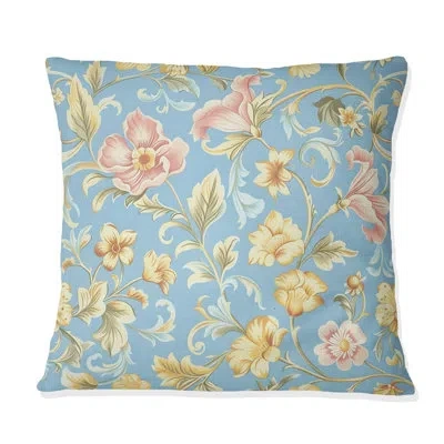 Design Art Pink Blue Vintage Flower Paradise I - Vintage Throw Pillow In Blue;pink