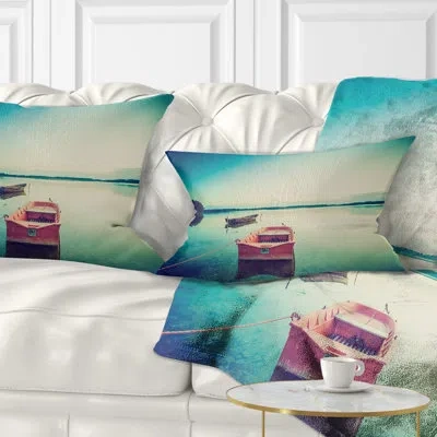 Design Art Pink Boat In Vintage Lake - Boats Printed Throw Pillow
