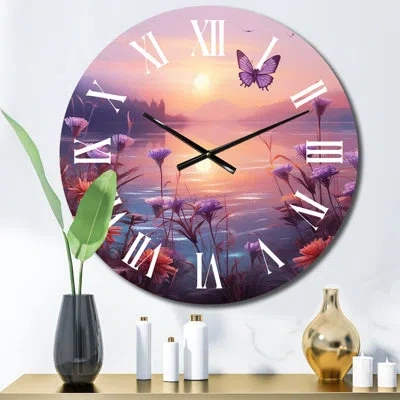 Design Art Pink Butterfly Magical Sunset Metal Wall Clock In Pink;purple