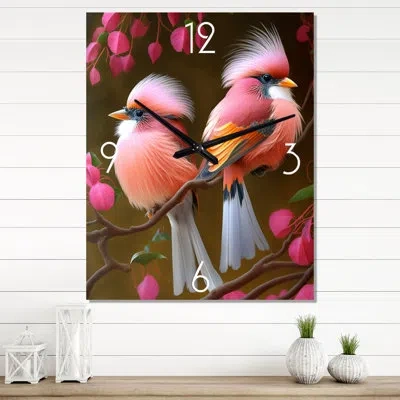 Design Art Pink Cardinal Birds On A Branch I - Animals Bird Wall Clock In Red;pink