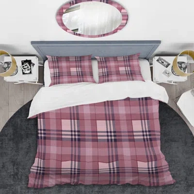 Design Art Pink Checked Tartan Ii - Abstract Duvet Cover Set - Microfiber Polyester