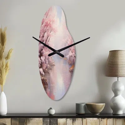 Design Art Pink Cherry Blossom Romantic Impression Iv - Cherry Blossom Curved Metal Wall Clock, Traditional Asy