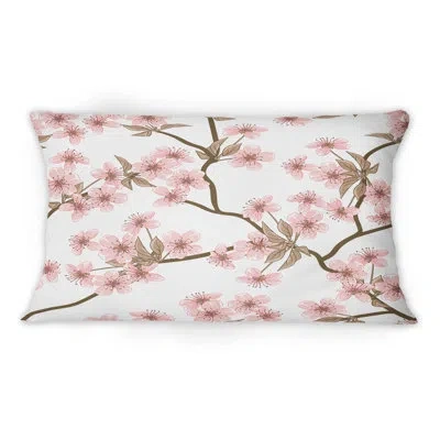 Design Art Pink Cherry Blossoms On Branches On White -1 Patterned Printed Throw Pillow