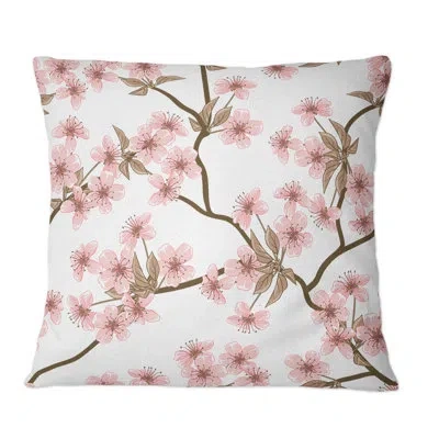 Design Art Pink Cherry Blossoms On Branches On White - Patterned Printed Throw Pillow