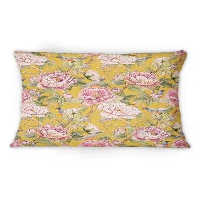 Design Art Pink Chinese Roses On Yellow -1 Patterned Printed Throw Pillow
