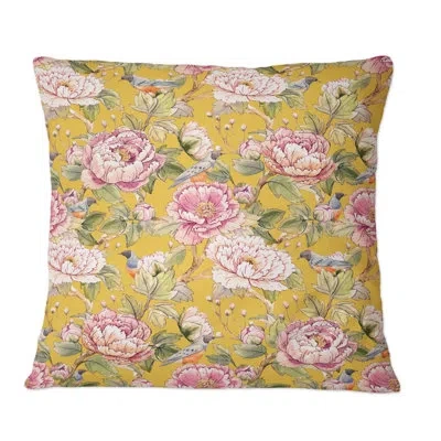 Design Art Pink Chinese Roses On Yellow - Patterned Printed Throw Pillow In Yellow;pink
