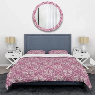 Design Art Pink Damask - Abstract Duvet Cover Set - Microfiber Polyester In Pink,white