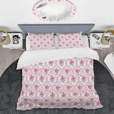 Design Art Pink Damask - Abstract Duvet Cover Set - Microfiber Polyester In Pink,white