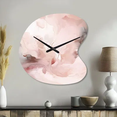 Design Art Pink Delicate Abstract Marble Iii - Irregular Shape Modern Metal Clocks, Asymmetrical Metal Wall Clo In Pink;cream