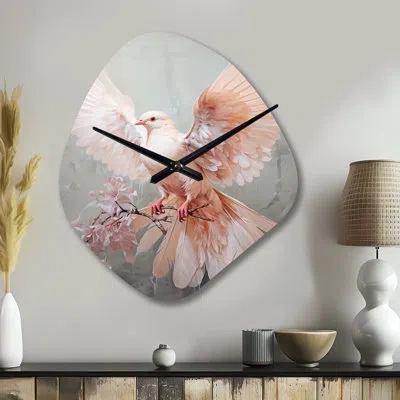 Design Art Pink Dove Winged Messenger - Dove Asymmetrical Metal Wall Clock, Pink Unique Shape Metal Clock Print