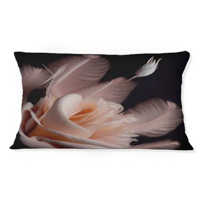 Design Art Pink Feather Rose On Black Iv - Rose Printed Throw Pillow