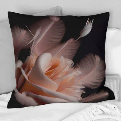 Design Art Pink Feather Rose On Black Iv - Rose Printed Throw Pillow