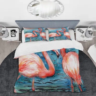 Design Art Pink Flamingos In Blue Water I - Farmhouse Duvet Cover Set - Microfiber Polyester In Coral,blue