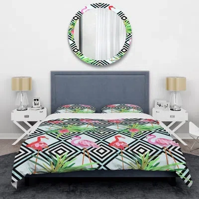 Design Art Pink Flamingos Pattern - Abstract Duvet Cover Set - Microfiber Polyester In Black,blue