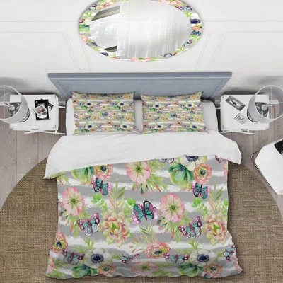 Design Art Pink Floral And Green Leaf - Floral Duvet Cover Set - Microfiber Polyester