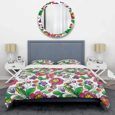 Design Art Pink Floral And Green Leaf - Floral Duvet Cover Set - Microfiber Polyester In Pink,green,yellow