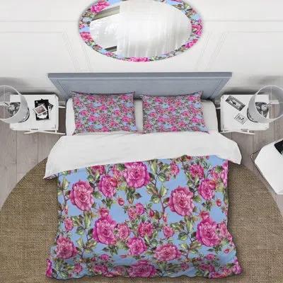 Design Art Pink Floral And Leaf - Cabin & Lodge Duvet Cover Set In Blue,pink
