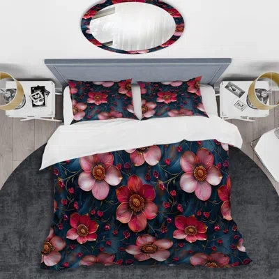 Design Art Pink Floral Fantasy Gardens - Modern Duvet Cover Set In Blue;pink