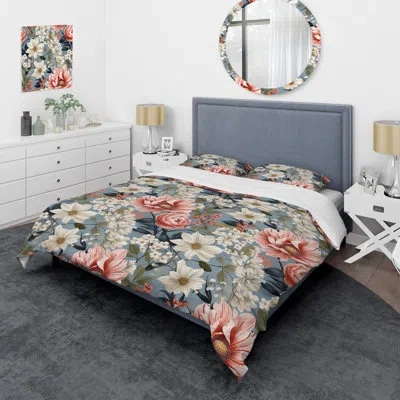 Design Art Pink Floral Gardens Serenade Beauty Ii Duvet Cover Set In White;pink