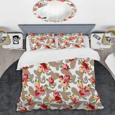 Design Art Pink Floral Paisley - Abstract Duvet Cover Set - Microfiber Polyester In Red,gray,brown