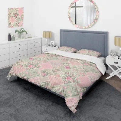 Design Art Pink Floral Patchwork - Abstract Duvet Cover Set - Microfiber Polyester In Pink,green