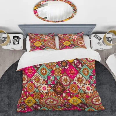 Design Art Pink Floral Patchwork - Abstract Duvet Cover Set - Microfiber Polyester In Red,green,yellow