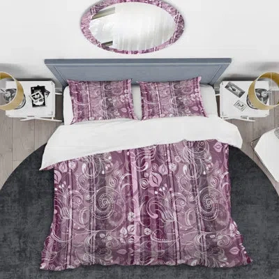 Design Art Pink Floral Striped - Abstract Duvet Cover Set - Microfiber Polyester In Pink,gray