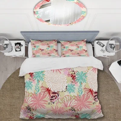 Design Art Pink Floral Strips - Floral Duvet Cover Set - Microfiber Polyester In Pink;cream