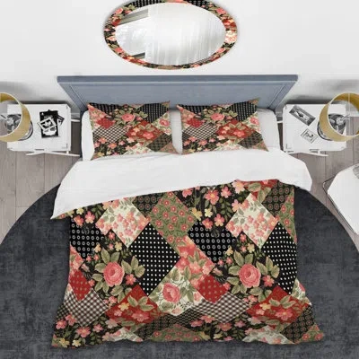 Design Art Pink Flower Patchwork - Abstract Duvet Cover Set - Microfiber Polyester In Black,pink