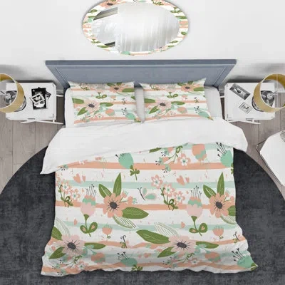 Design Art Pink Flower Striped - Abstract Duvet Cover Set - Microfiber Polyester In Pink,green