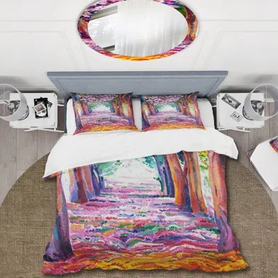 Design Art Pink Flowering Spring Forest - Lake House Duvet Cover Set - Microfiber Polyester In Purple