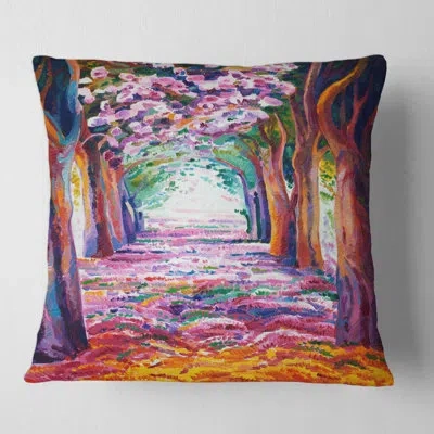 Design Art Pink Flowering Spring Forest - Lake House Printed Pillow In Purple