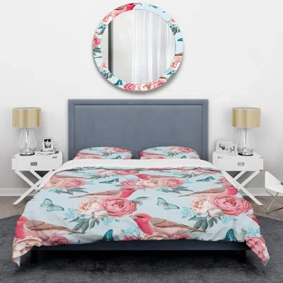 Design Art Pink Flowers And Birds - Floral Duvet Cover Set - Microfiber Polyester In Blue;pink