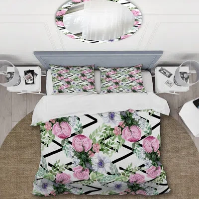 Design Art Pink Flowers And Green Leaf - Floral Duvet Cover Set - Microfiber Polyester