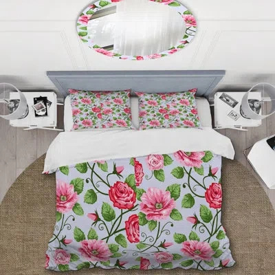 Design Art Pink Flowers And Green Leaf - Floral Duvet Cover Set - Microfiber Polyester In Pink,green