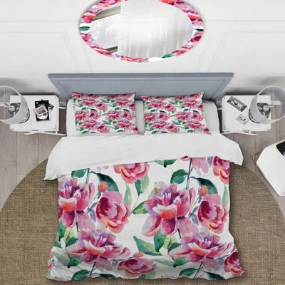 Design Art Pink Flowers And Green Leaf - Floral Duvet Cover Set - Microfiber Polyester In Pink,green