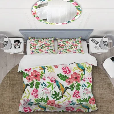 Design Art Pink Flowers And Green Leaf - Floral Duvet Cover Set - Microfiber Polyester In Pink,green,blue