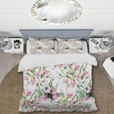 Design Art Pink Flowers And Green Leaves Duvet Cover Set In White,green,pink